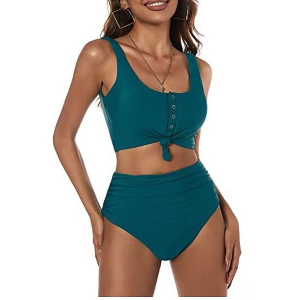 ZAFUL Womens Knotted Front Tankini Set High Waisted Bikini Scoop Neck Swimsuit